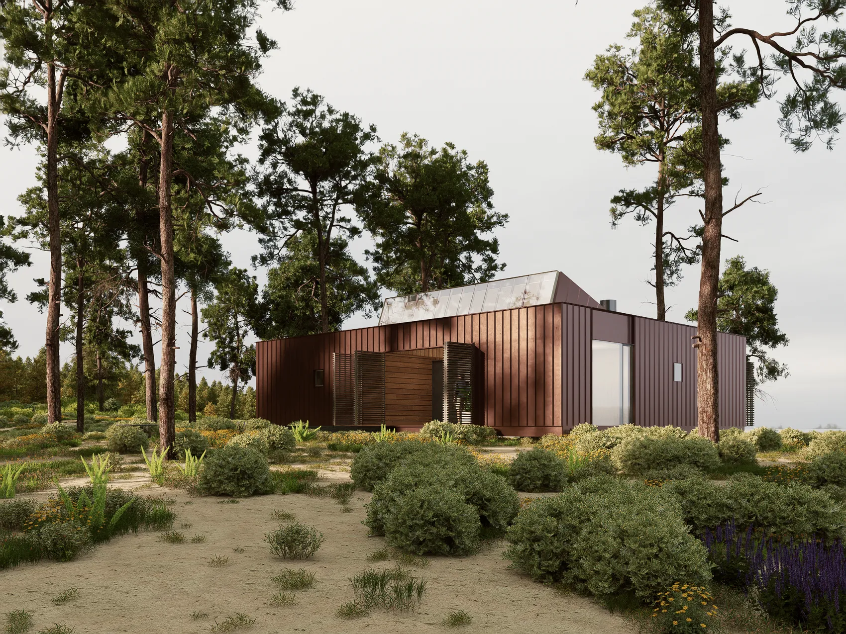 Casa DÊLMOD terracota entre pinos, con lucarna y celosías de madera