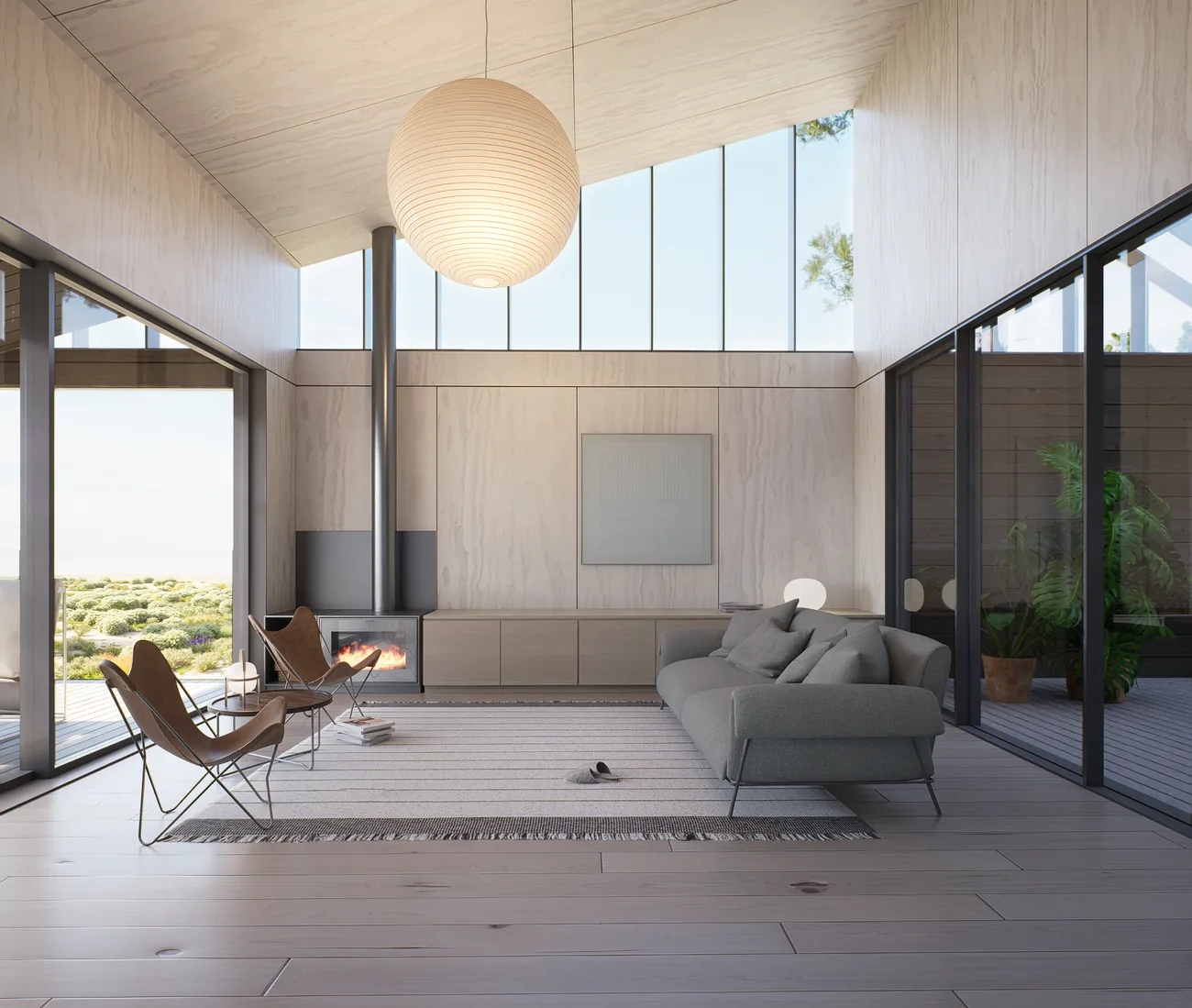 Estar interior con chimenea, lucarna alta y lámpara de papel