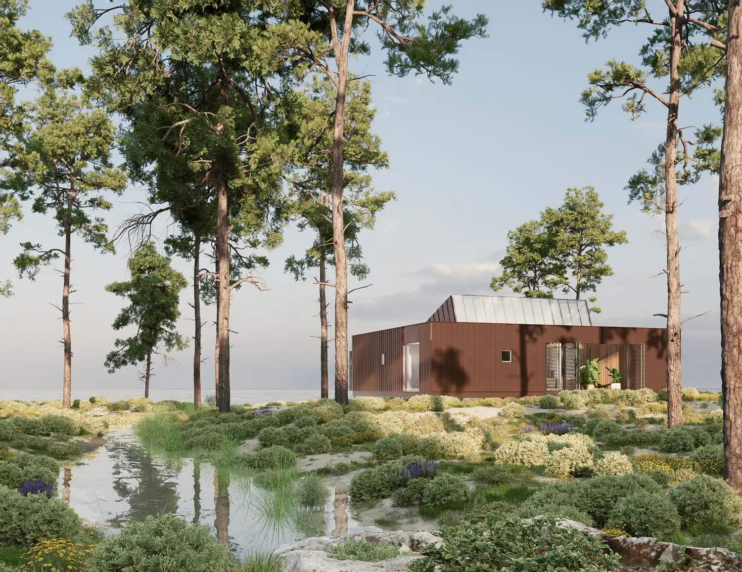 Casa DÊLMOD terracota junto a una laguna, entre pinos altos