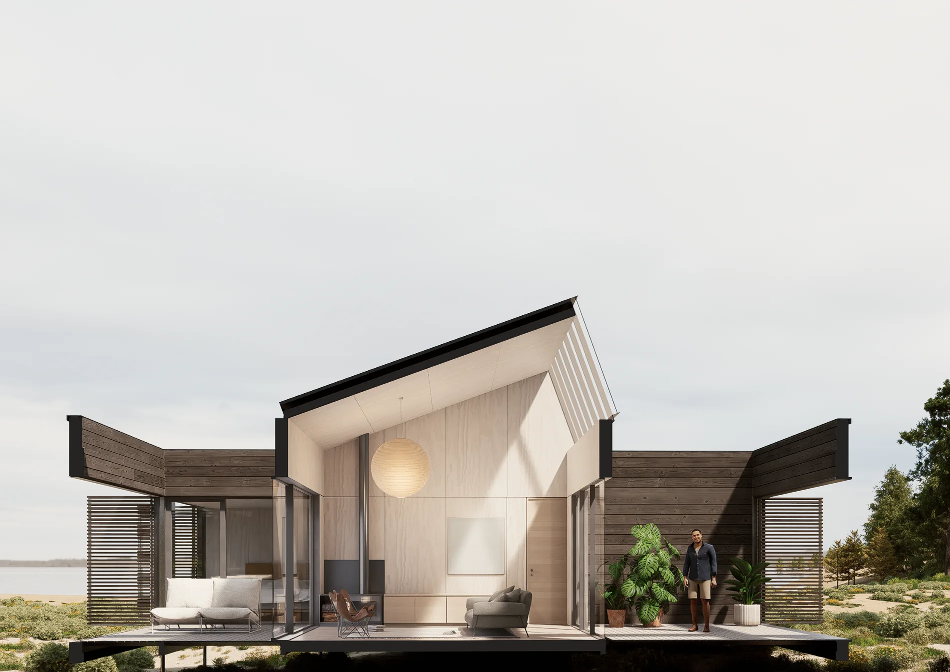 Corte fugado de la casa DÊLMOD G-Luz, abierta hacia la terraza