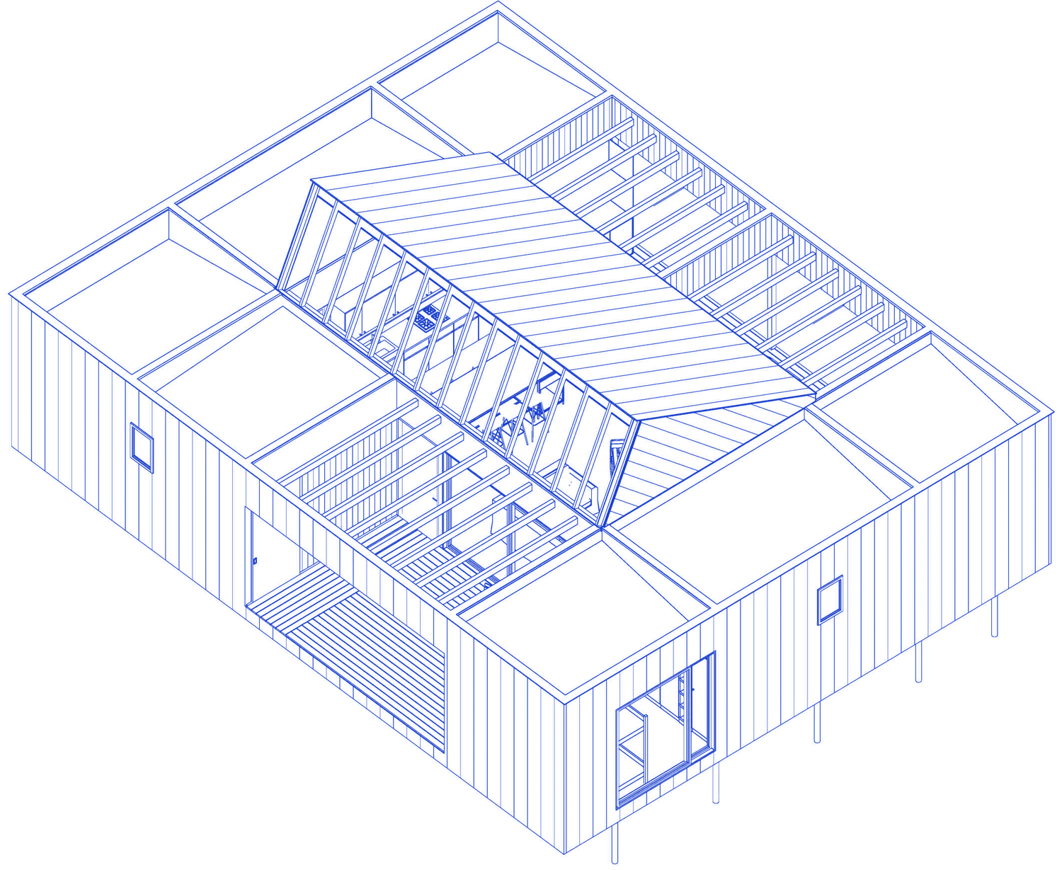 Axonométrica constructiva de la casa DÊLMOD en línea azul