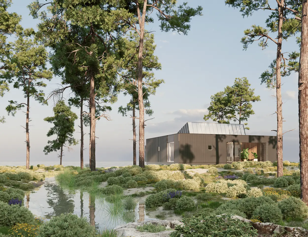 Casa DÊLMOD gris junto a la laguna, con la lucarna recortada contra el cielo